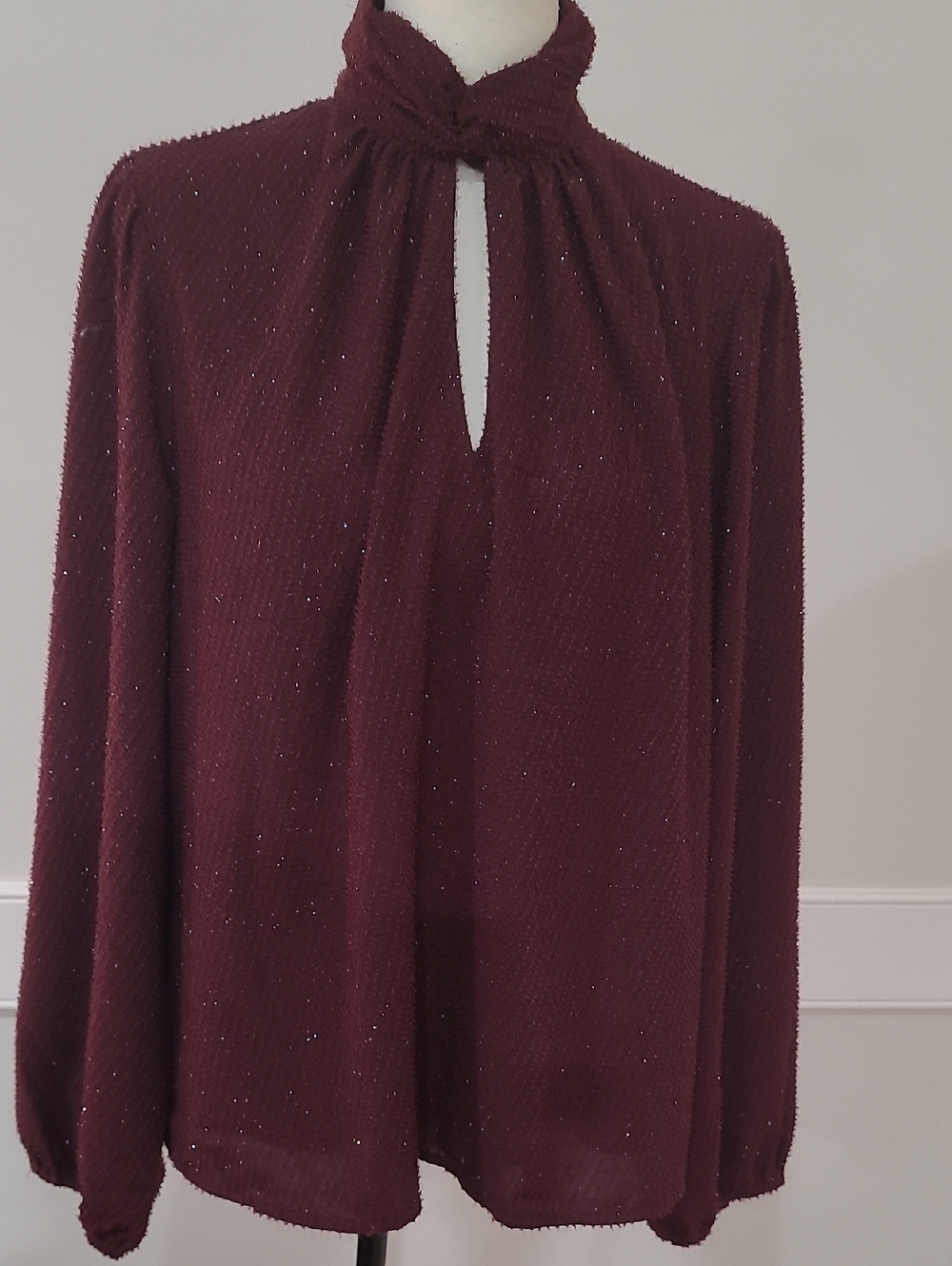 Nine West Women's Plum Sparkle Twisted-Neck Long Sleeve Blouse - Size L